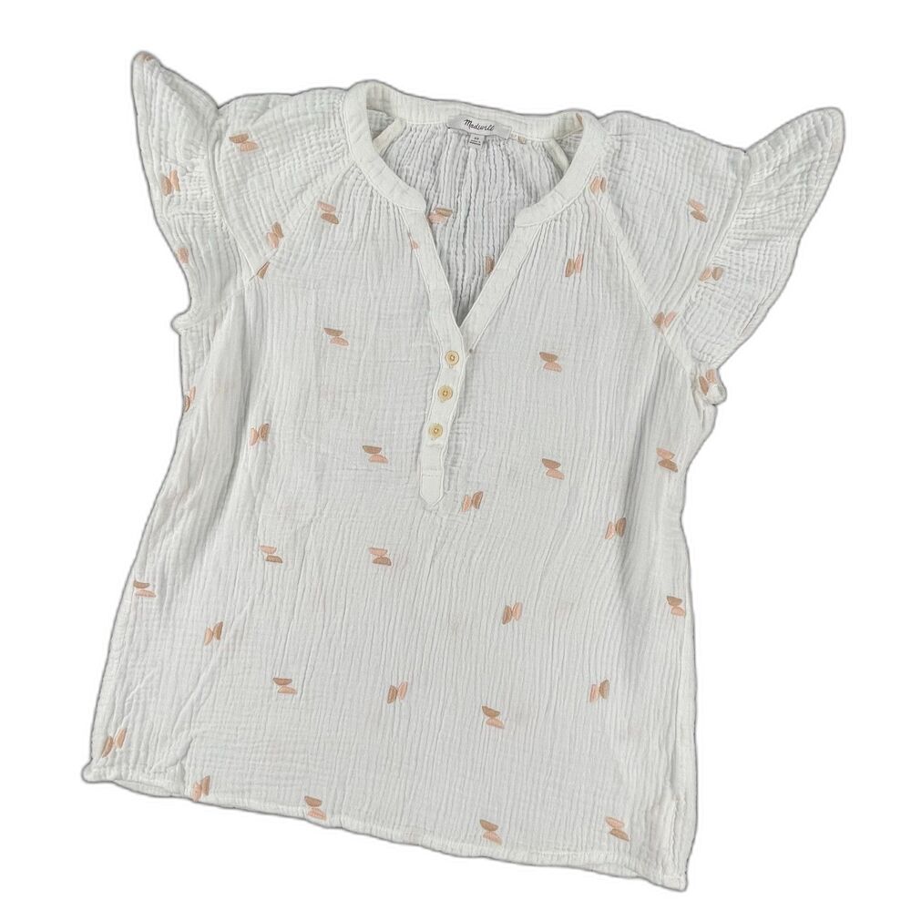 Madewell Embroidered Butterfly Lightspun Gauzy Henley Top XS White Boho Summer